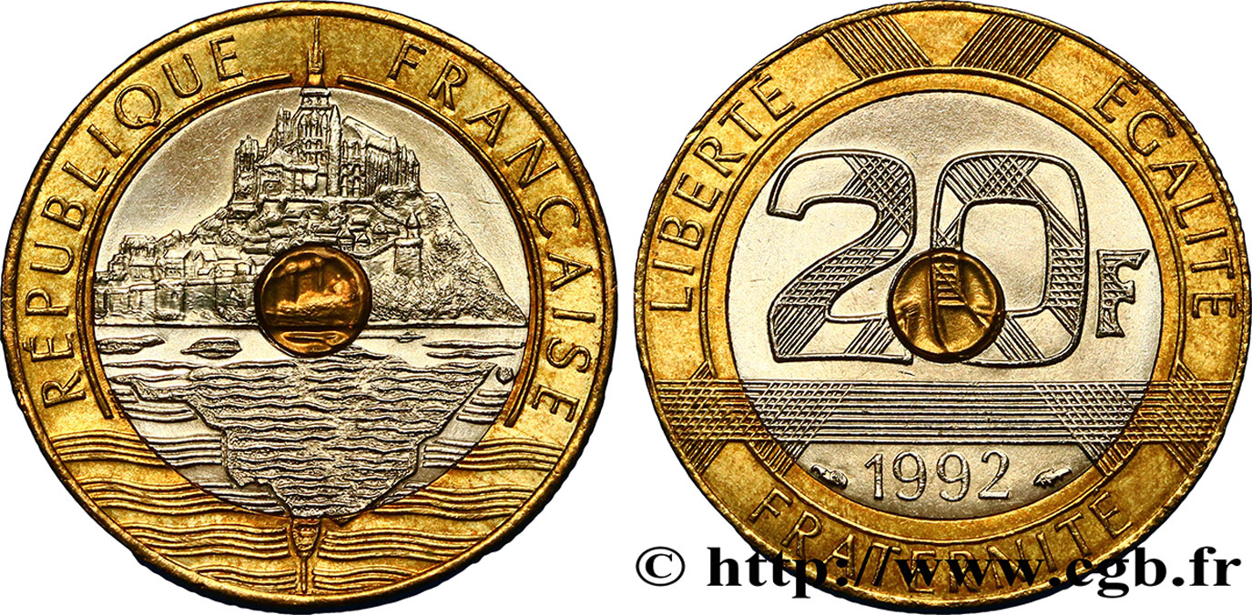 Valeur Pièce De Monnaie 20 Francs 1992 Mont Saint michel 20 francs Mont Saint-Michel, 5 cannelures, V ouvert 1992 Pessac F.403/3  fmd_373454 Modernes