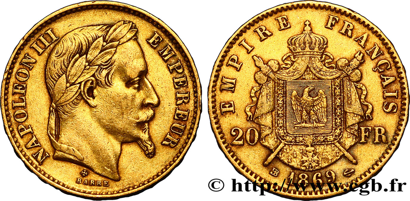 20 francs or Napoléon III, tête laurée 1869 Strasbourg F.532/21 XF42 