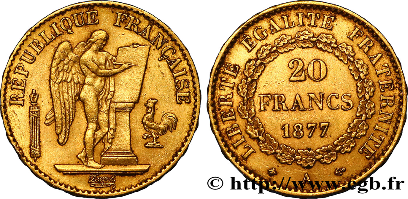 20 francs or Génie, IIIe République 1877 Paris F.533/5 XF45 