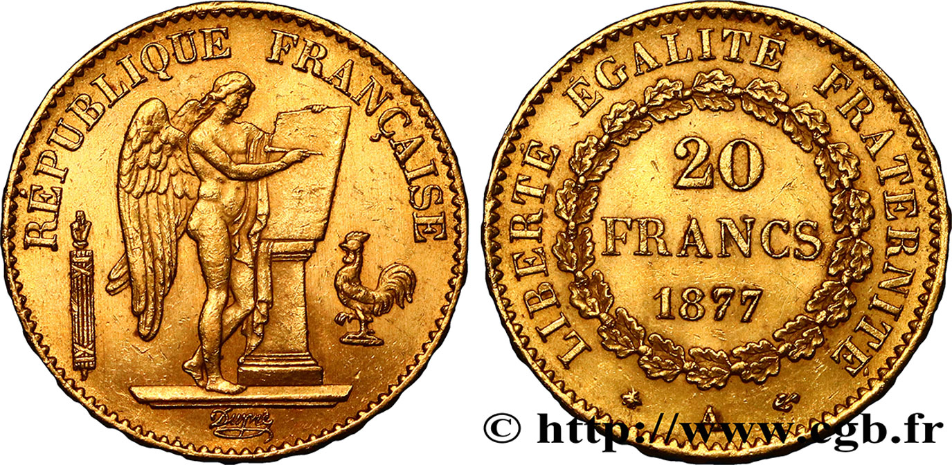 20 francs or Génie, IIIe République 1877 Paris F.533/5 BB50 