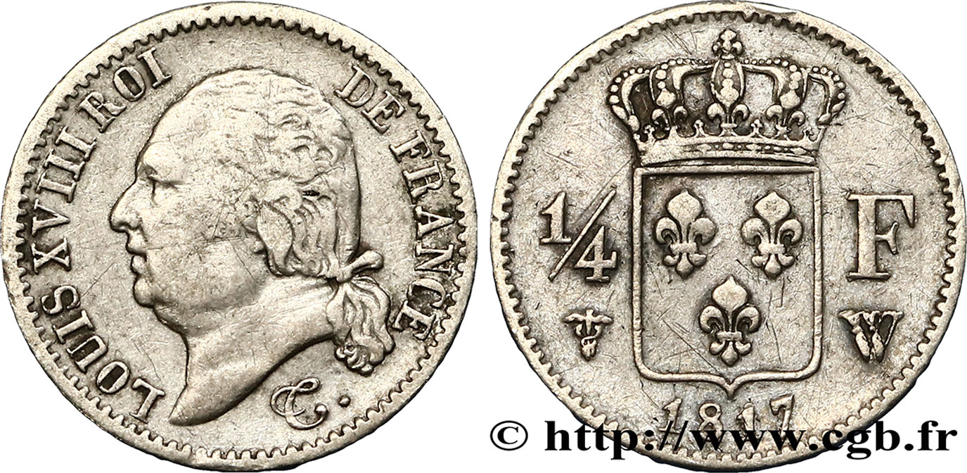 1/4 franc Louis XVIII 1817 Lille F.163/11 TB35 