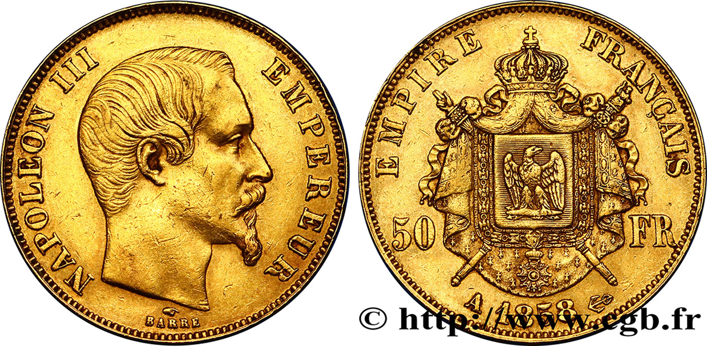 50 francs or Napoléon III, tête nue 1858 Paris F.547/5 XF40 