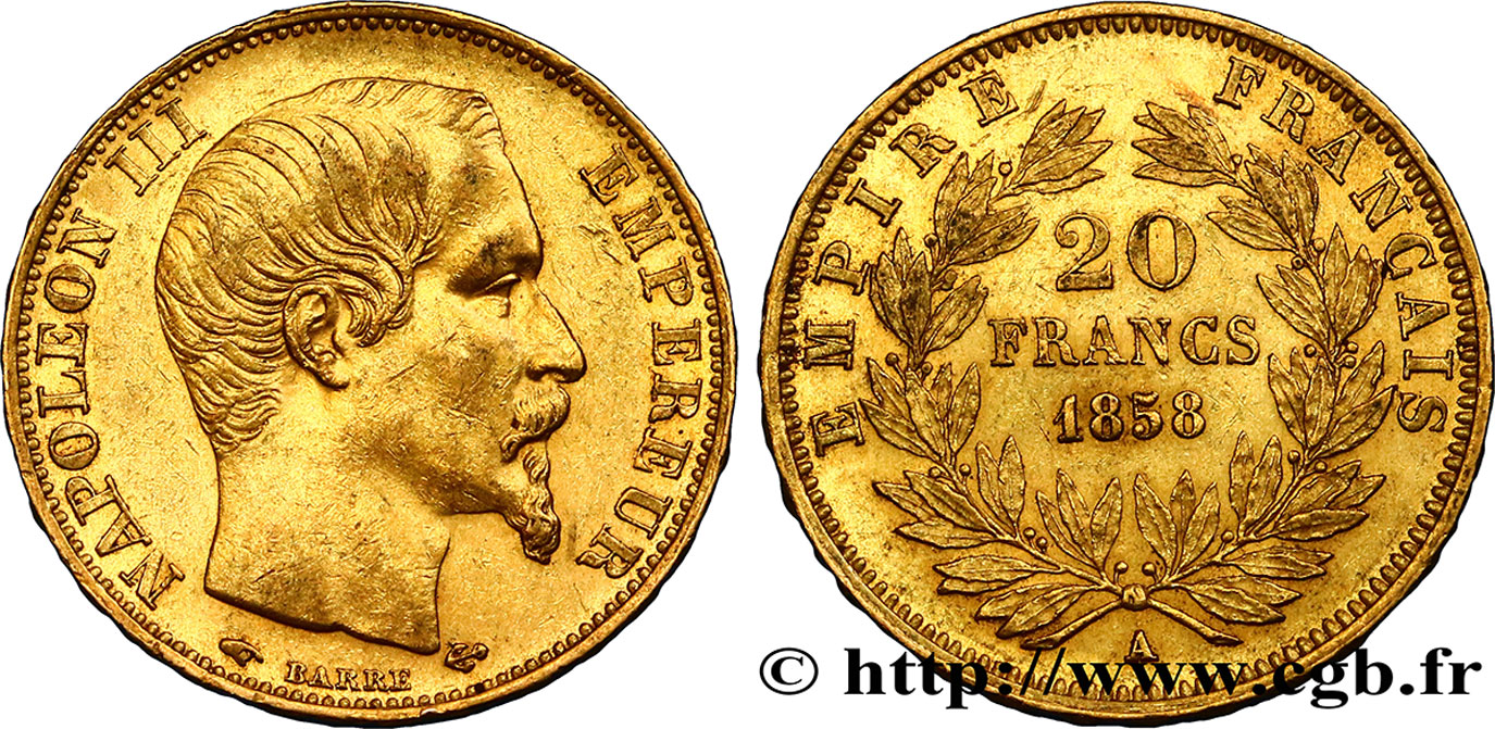 20 francs or Napoléon III, tête nue 1858 Paris F.531/13 XF42 