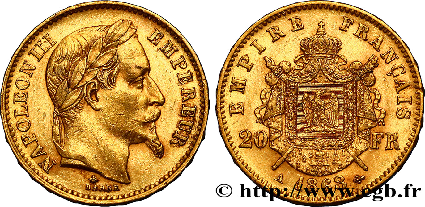 20 francs or Napoléon III, tête laurée 1868 Paris F.532/18 XF45 