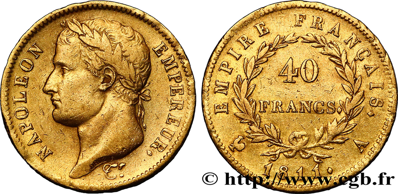 40 francs or Napoléon tête laurée, Empire français 1811 Paris F.541/6 XF40 