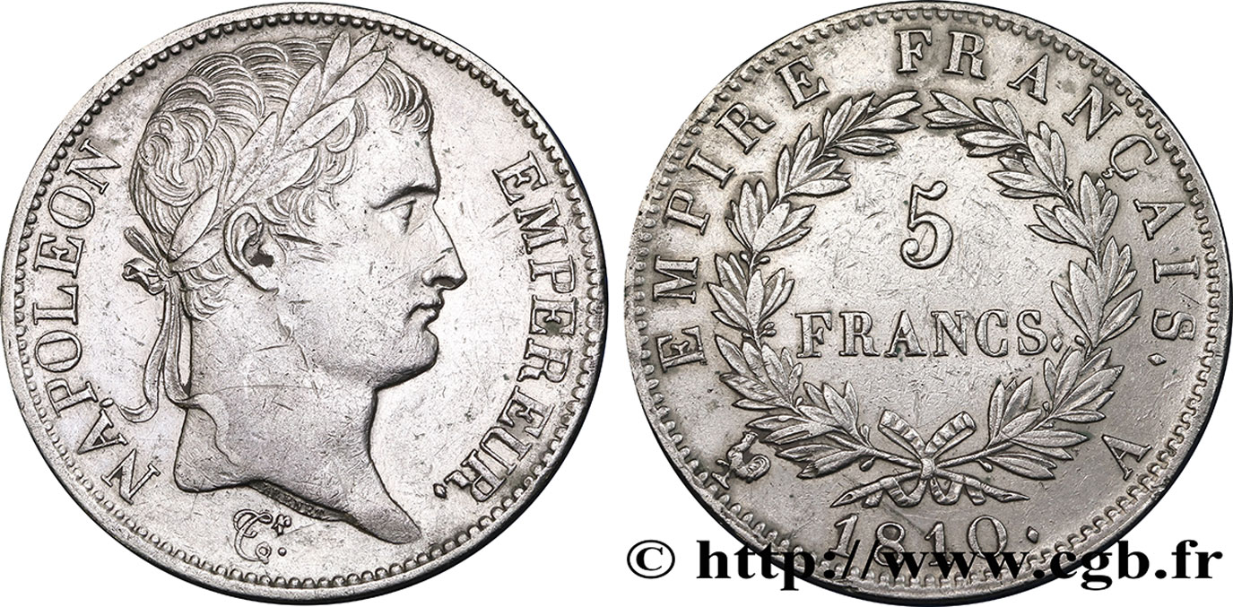 5 francs Napoléon Empereur, Empire français 1810 Paris F.307/14 MBC48 