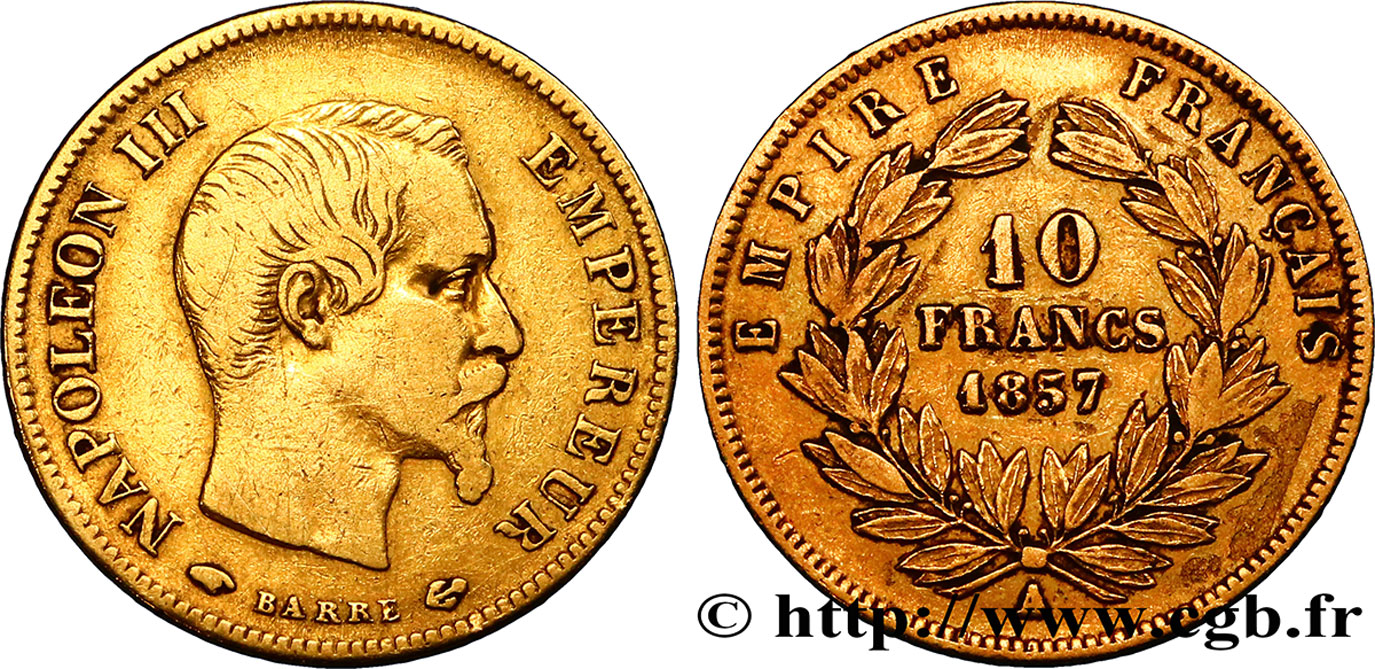 10 francs or Napoléon III, tête nue 1857 Paris F.506/4 TB30 