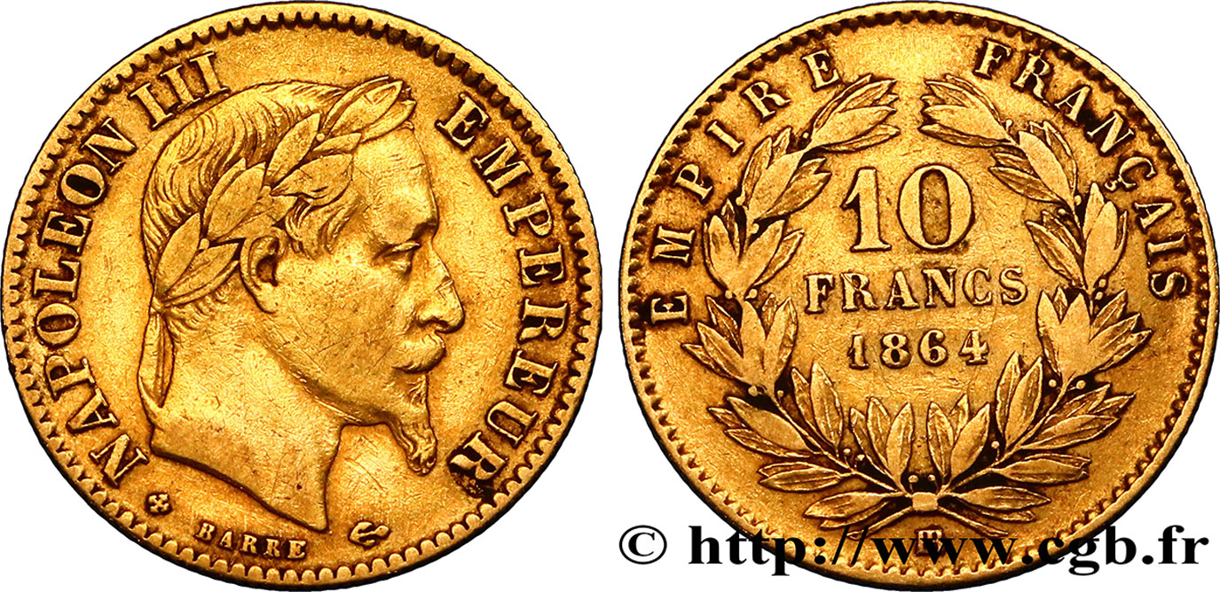 10 francs or Napoléon III, tête laurée 1864 Strasbourg F.507A/7 MB30 