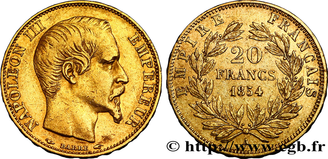 20 francs or Napoléon III, tête nue 1854 Paris F.531/2 VF38 