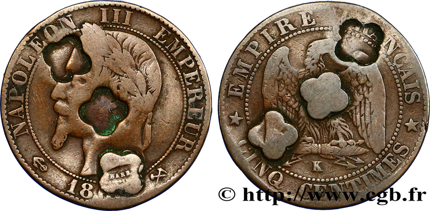 Cinq centimes Napoléon III, tête laurée, contremarqué n.d. Bordeaux F.117/ VF20 