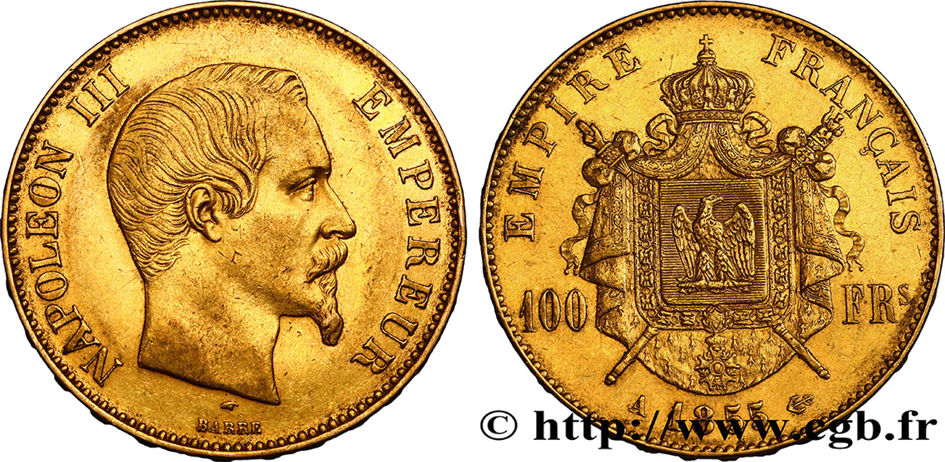 100 francs or Napoléon III, tête nue 1855 Paris F.550/1 XF48 
