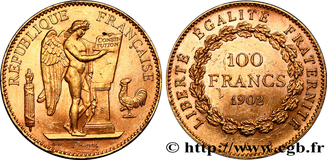 100 francs or Génie, tranche inscrite en relief Dieu protège la France 1902 Paris F.552/15 MBC50 