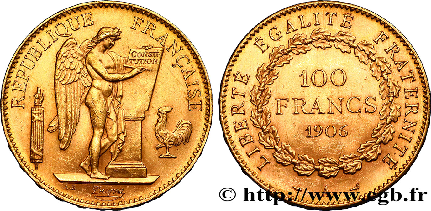 100 francs or Génie, tranche inscrite en relief Dieu protège la France 1906 Paris F.552/19 AU55 