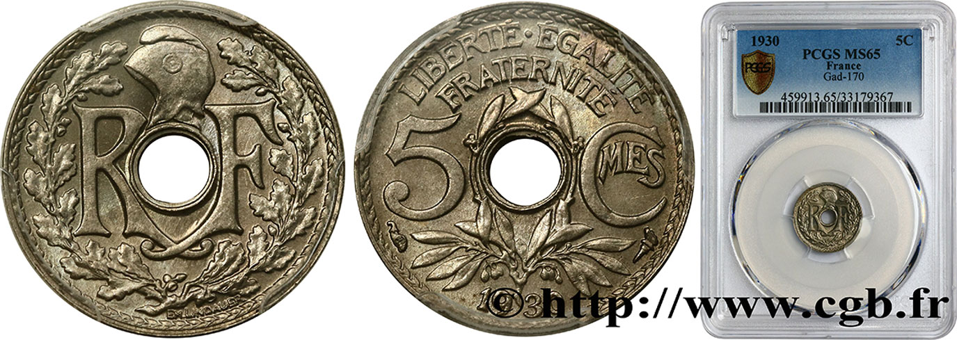 5 centimes Lindauer, petit module 1930 Paris F.122/13 MS65 PCGS