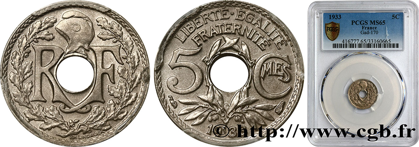 5 centimes Lindauer, petit module 1933 Paris F.122/16 MS65 PCGS