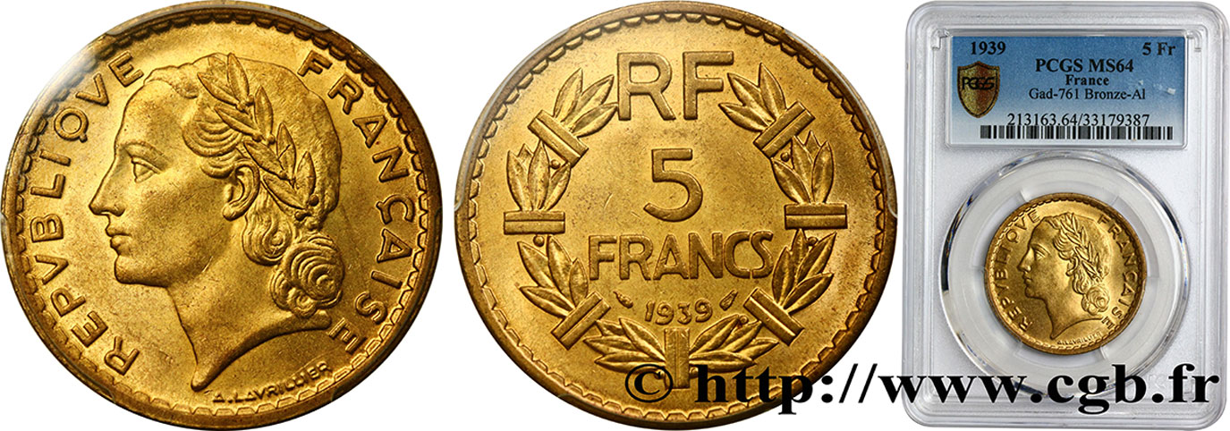 5 francs Lavrillier, bronze-aluminium 1939  F.337/3 fST64 PCGS