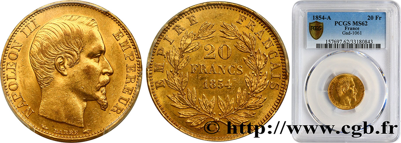 20 francs or Napoléon III, tête nue 1854 Paris F.531/2 SUP62 PCGS
