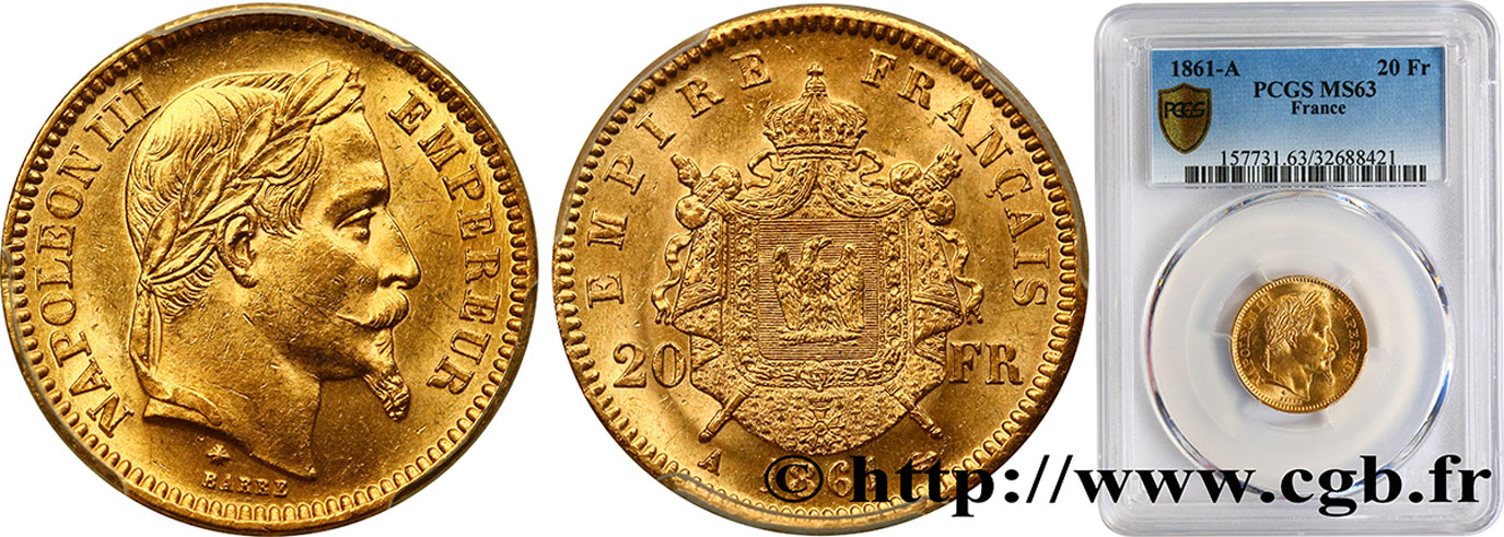 20 francs or Napoléon III, tête laurée 1861 Paris F.532/1 fST63 PCGS