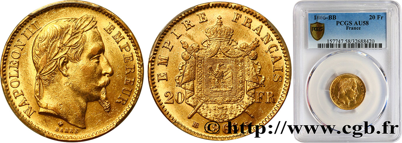 20 francs or Napoléon III, tête laurée 1866 Strasbourg F.532/14 SPL58 PCGS