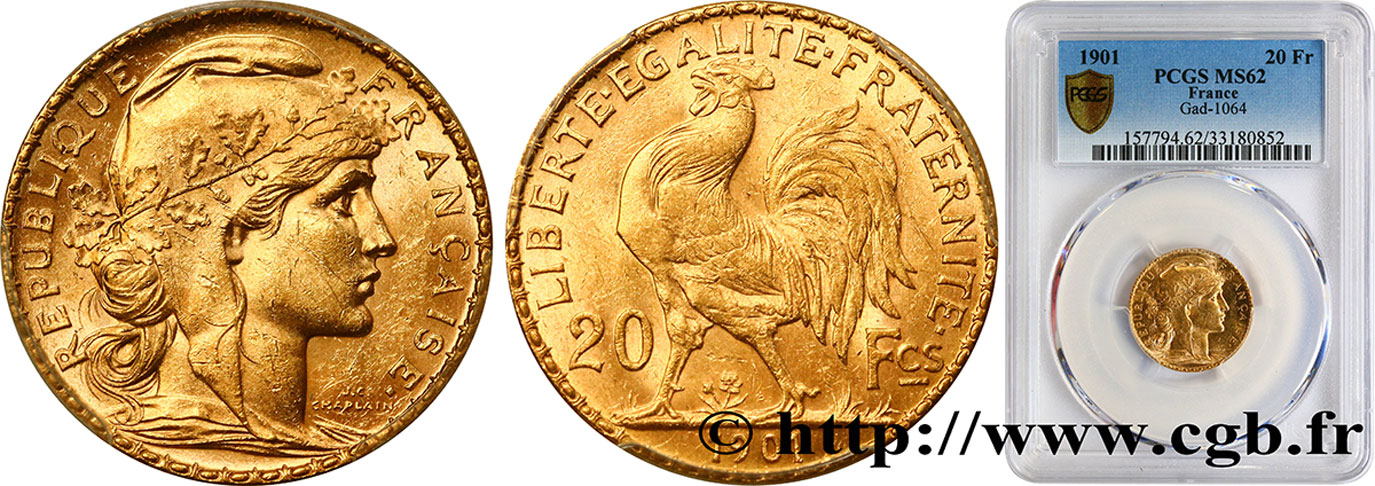 20 francs or Coq, Dieu protège la France 1901 Paris F.534/6 MS62 PCGS