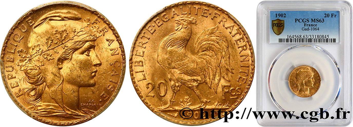 20 francs or Coq, Dieu protège la France 1902 Paris F.534/7 MS63 PCGS