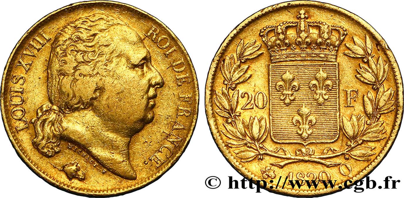 20 francs or Louis XVIII, tête nue 1820 Perpignan F.519/21 TB+ 