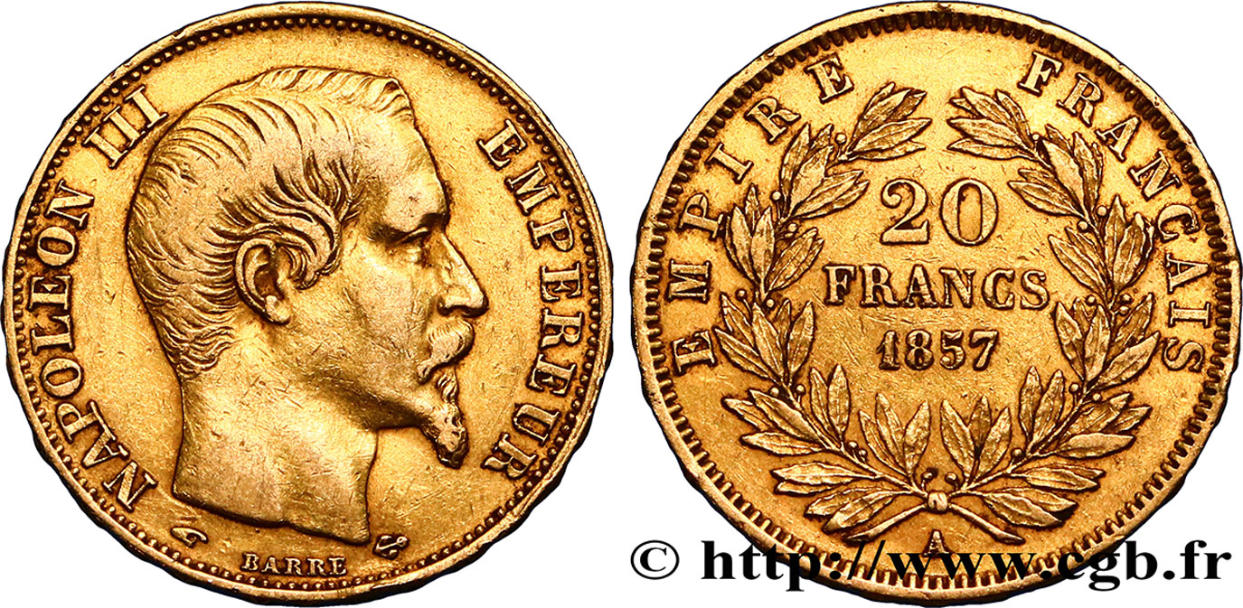20 francs or Napoléon III, tête nue 1857 Paris F.531/12 BC35 