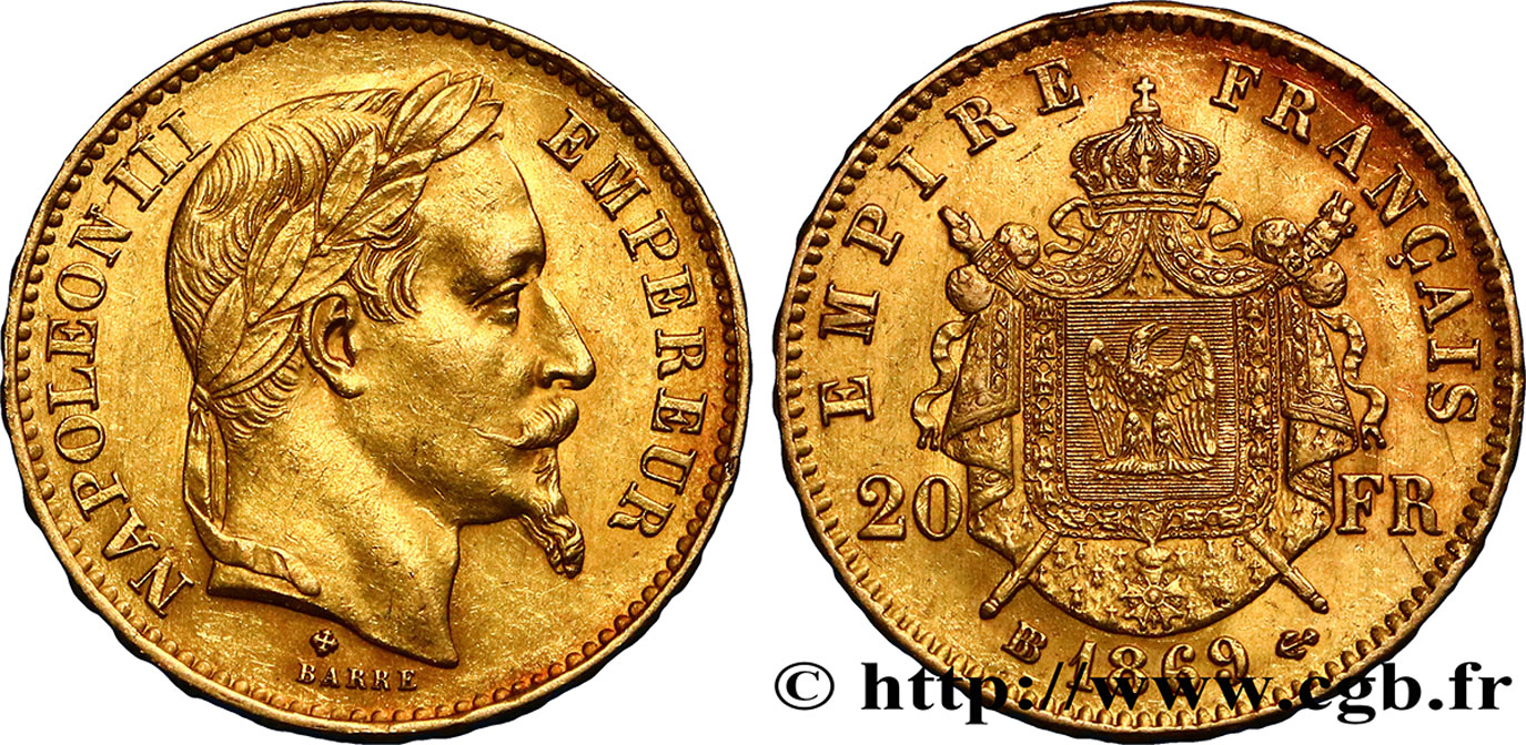 20 francs or Napoléon III, tête laurée, grand BB 1869 Strasbourg F.532/22 AU50 