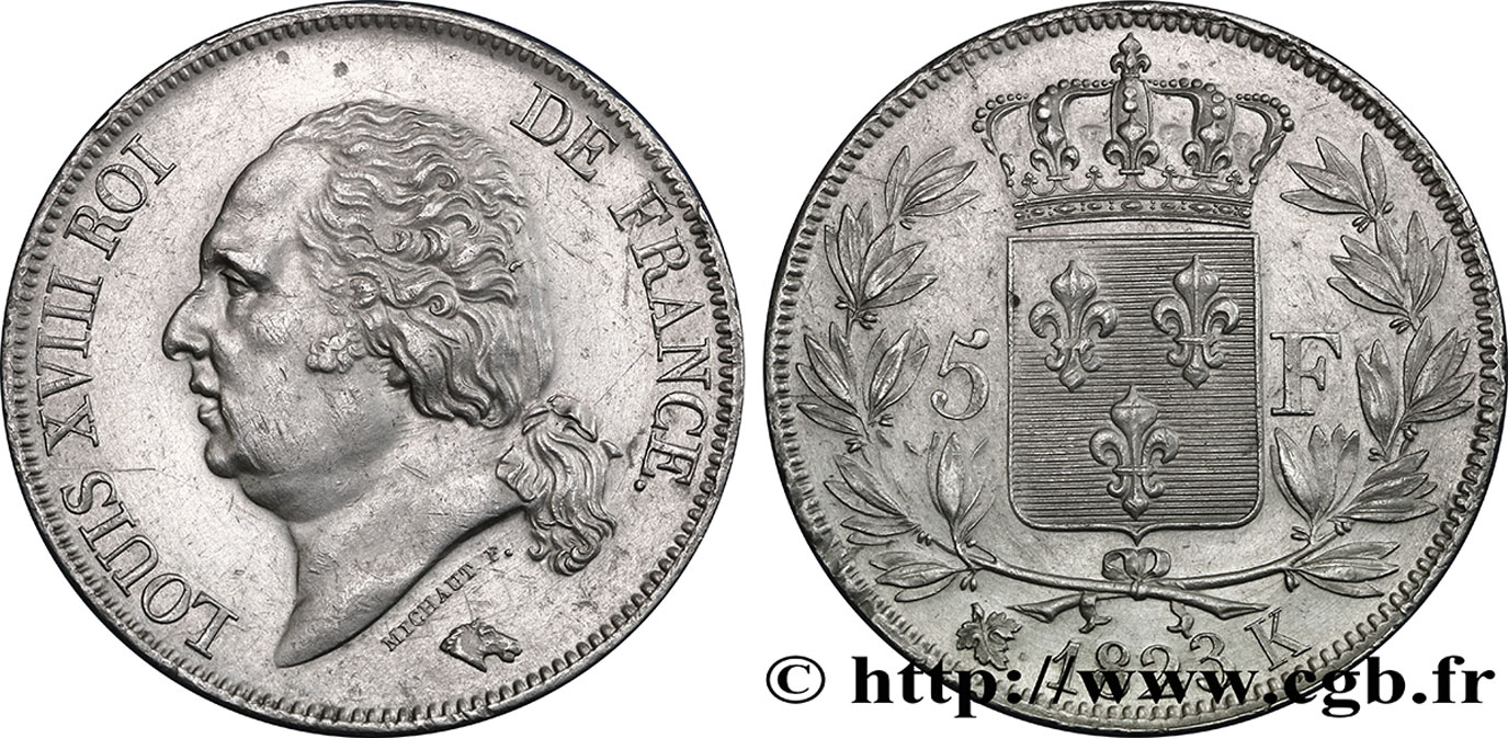 5 francs Louis XVIII, tête nue 1823 Bordeaux F.309/82 SPL55 