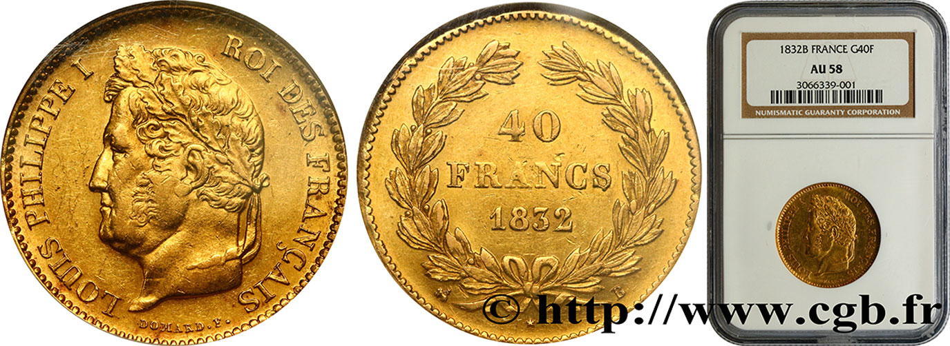 40 francs or Louis-Philippe 1832 Rouen F.546/4 AU58 NGC