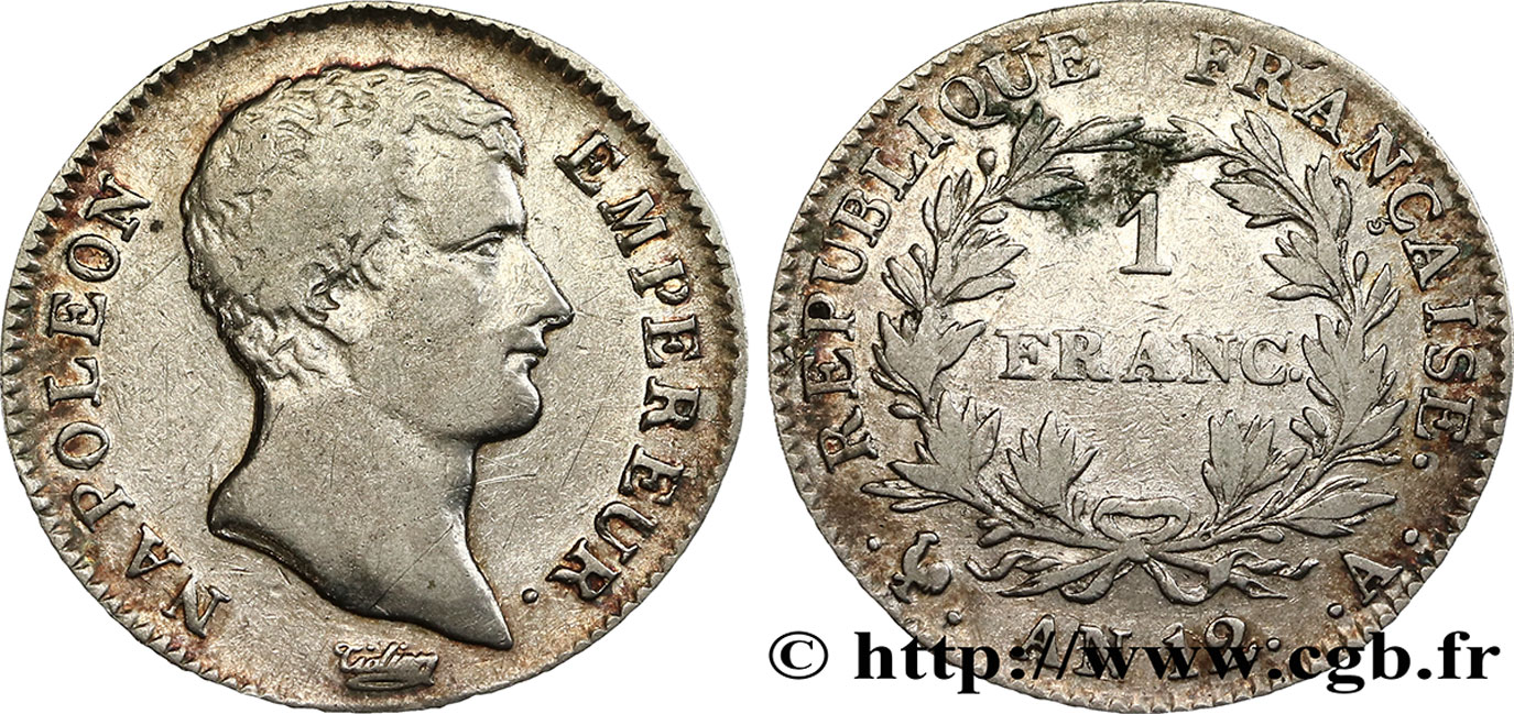 1 franc Napoléon Empereur, Calendrier révolutionnaire 1804 Paris F.201/1 TB30 