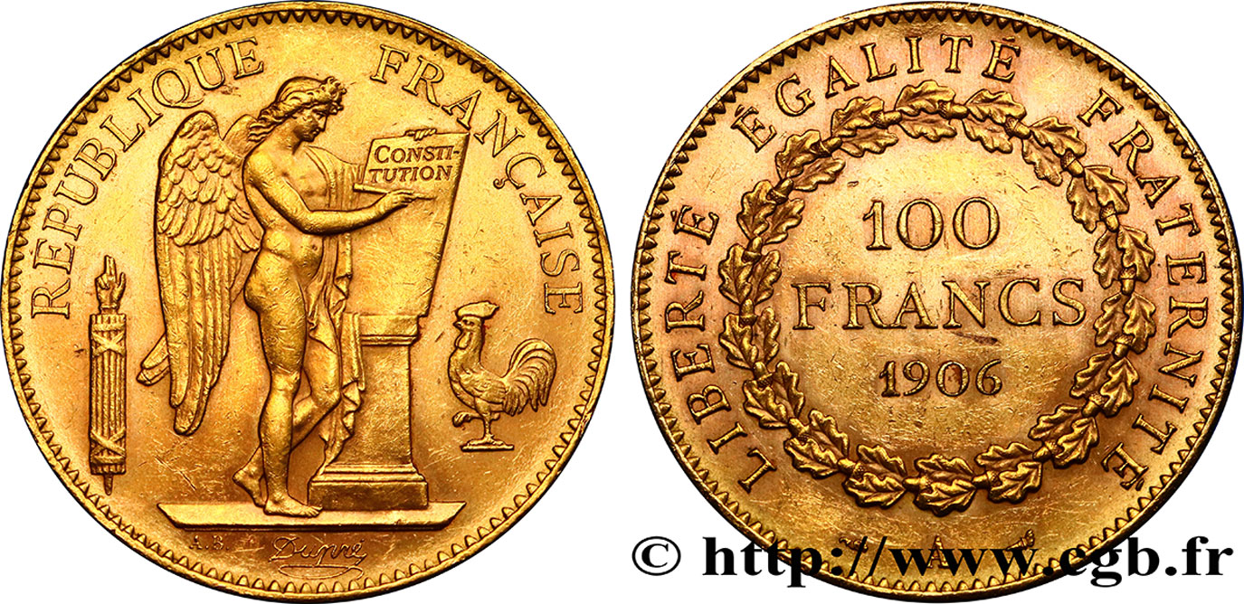 100 francs génie, tranche inscrite en relief Dieu protège la France 1906 Paris F.552/19 AU58 
