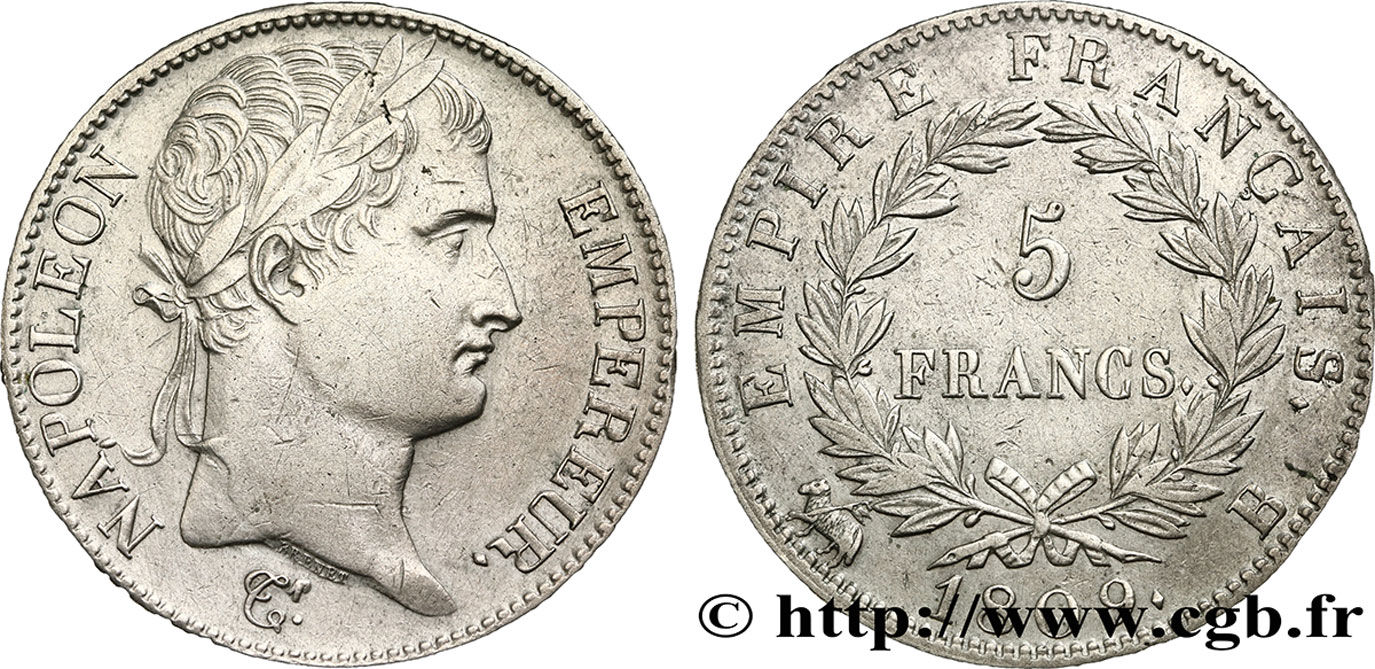 5 francs Napoléon Empereur, Empire français 1809 Rouen F.307/2 TTB48 