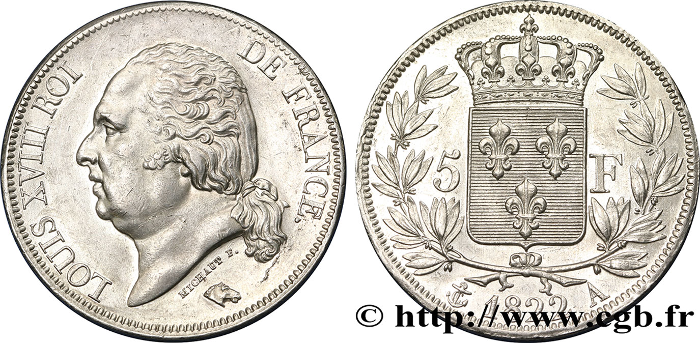 5 francs Louis XVIII, tête nue 1822 Paris F.309/68 EBC58 
