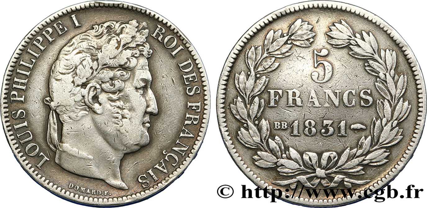 5 francs Ier type Domard, tranche en creux 1831 Strasbourg F.319/1 MB35 