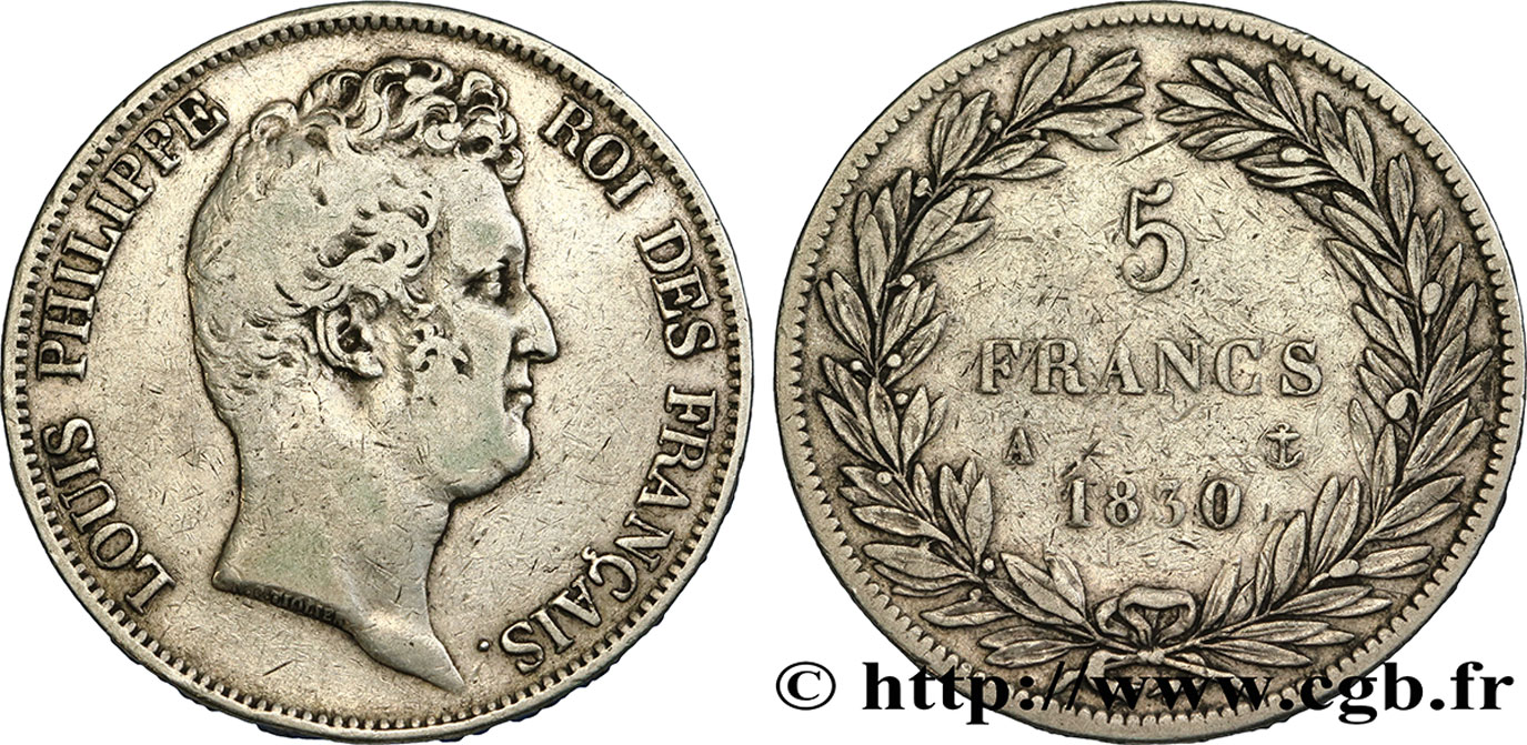 5 francs type Tiolier sans le I, tranche en relief 1830 Paris F.314/1 VF30 