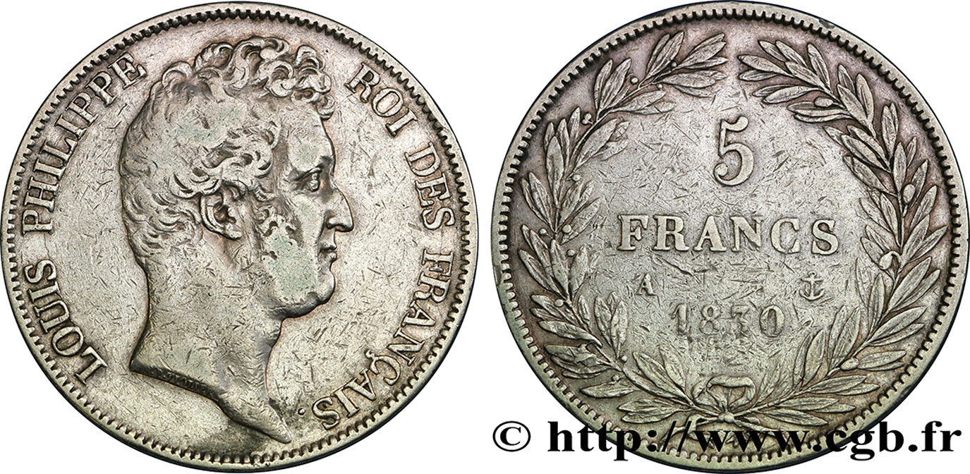 5 francs type Tiolier sans le I, tranche en creux 1830 Paris F.313/1 VF35 