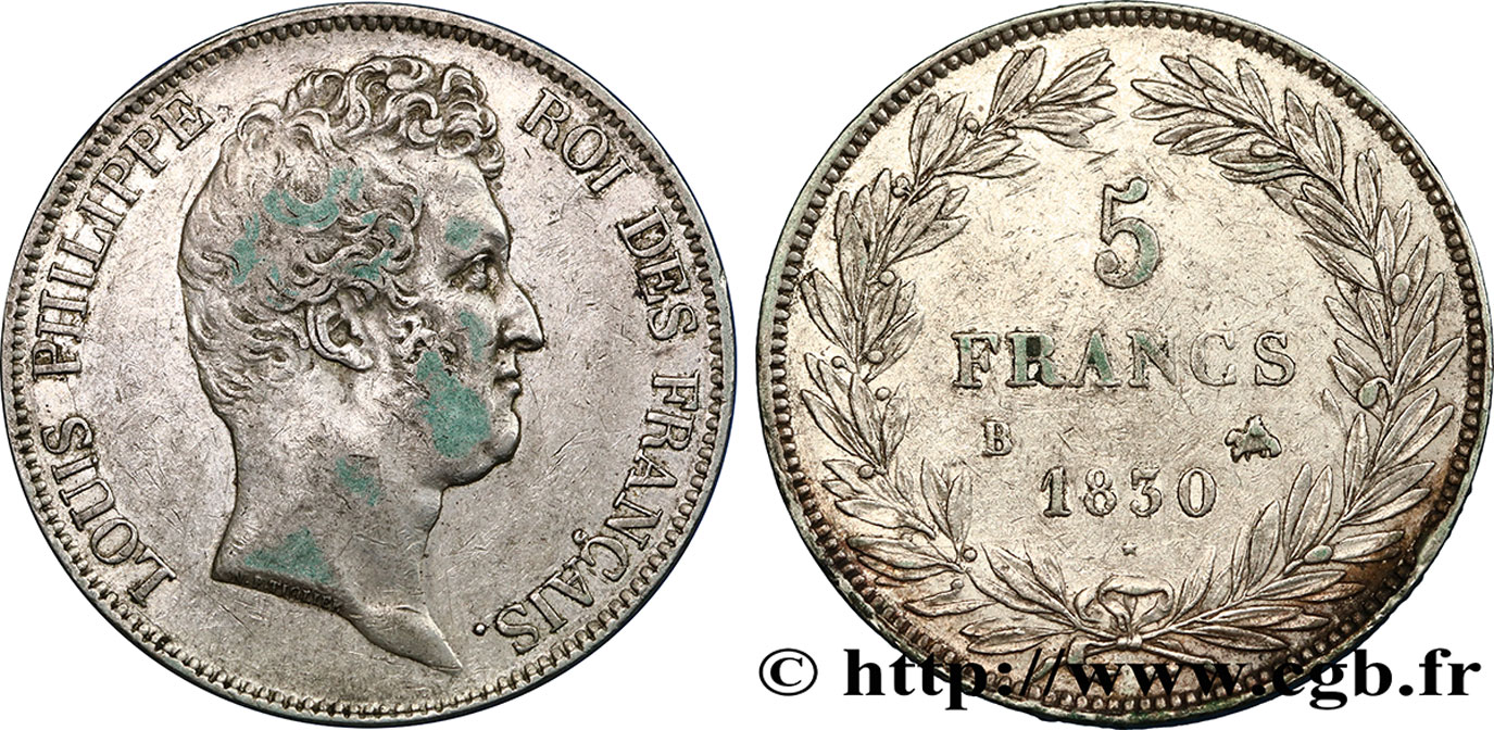 5 francs type Tiolier sans le I, tranche en creux 1830  Rouen F.313/2 TTB40 