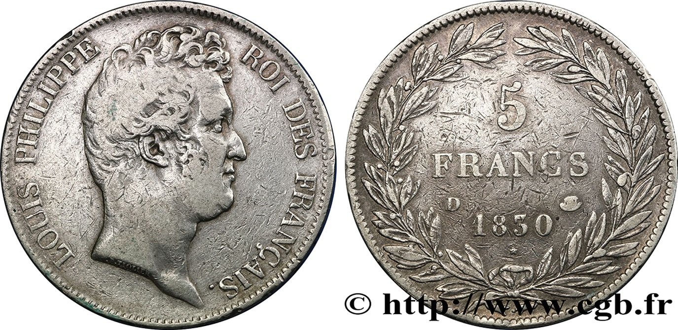 5 francs type Tiolier sans le I, tranche en creux 1830 Lyon F.313/3 MB30 