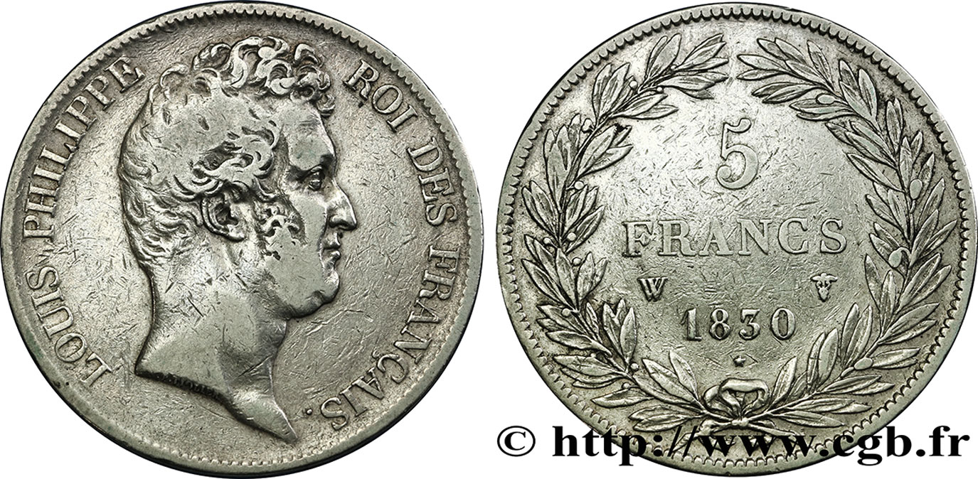 5 francs type Tiolier sans le I, tranche en creux 1830 Lille F.313/4 S30 