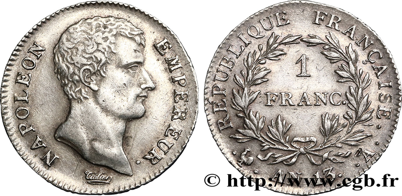 1 franc Napoléon Empereur, Calendrier révolutionnaire 1805 Paris F.201/14 TTB48 