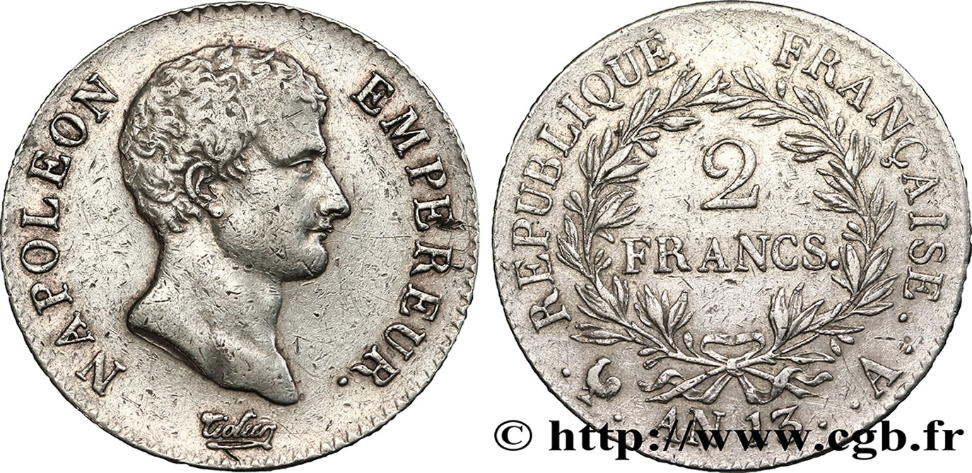 2 francs Napoléon Empereur, Calendrier révolutionnaire 1805 Paris F.251/12 TTB45 