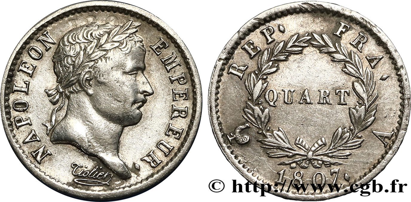 Quart (de franc) Napoléon Ier tête laurée, République française 1807 Paris F.161/1 TTB48 