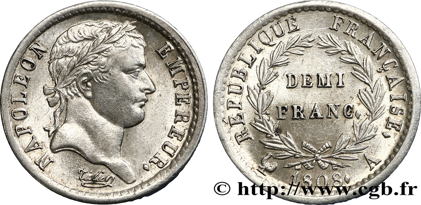 Demi-franc Napoléon Ier tête laurée, République française 1808 Paris F.177/2 SPL55 