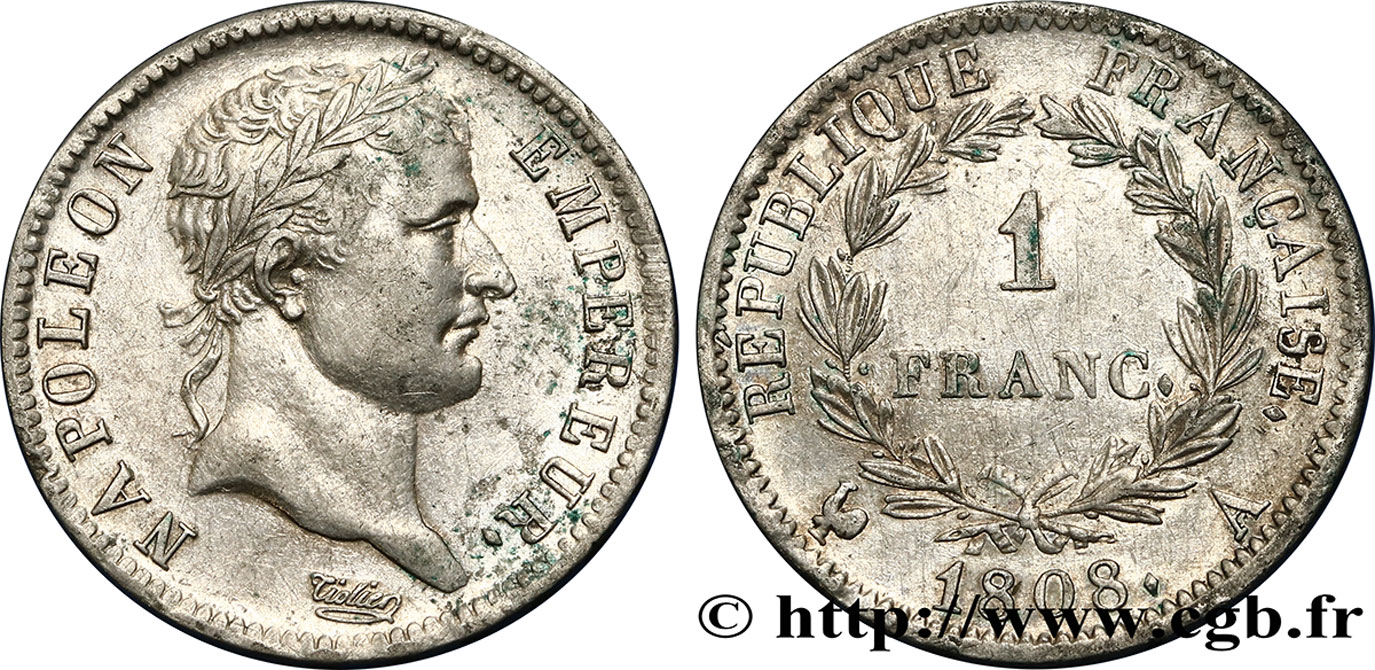 1 franc Napoléon Ier tête laurée, République française 1808 Paris F.204/2 TTB48 