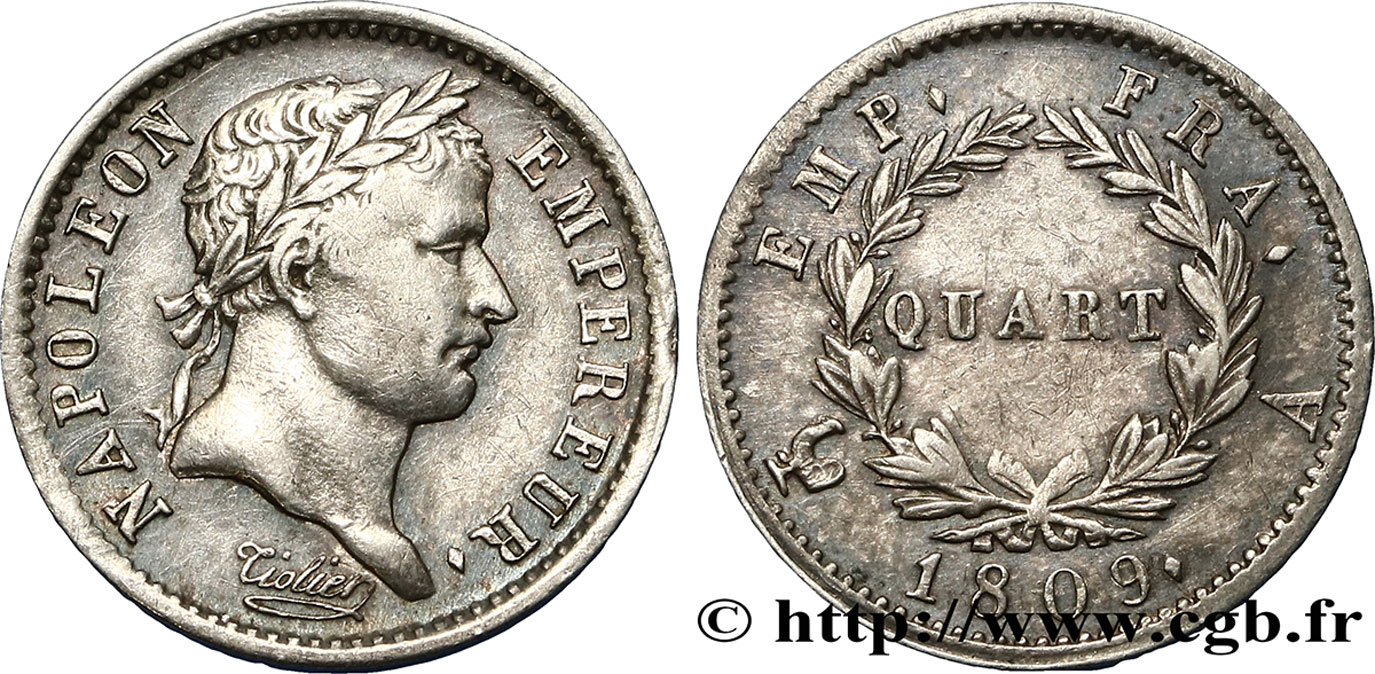 Quart (de franc) Napoléon Ier tête laurée, Empire français 1809 Paris F.162/1 MBC45 