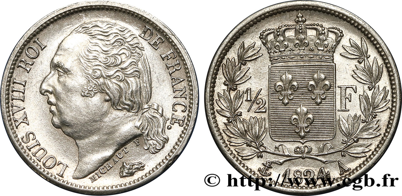 1/2 franc Louis XVIII 1824 Paris F.179/43 VZ62 