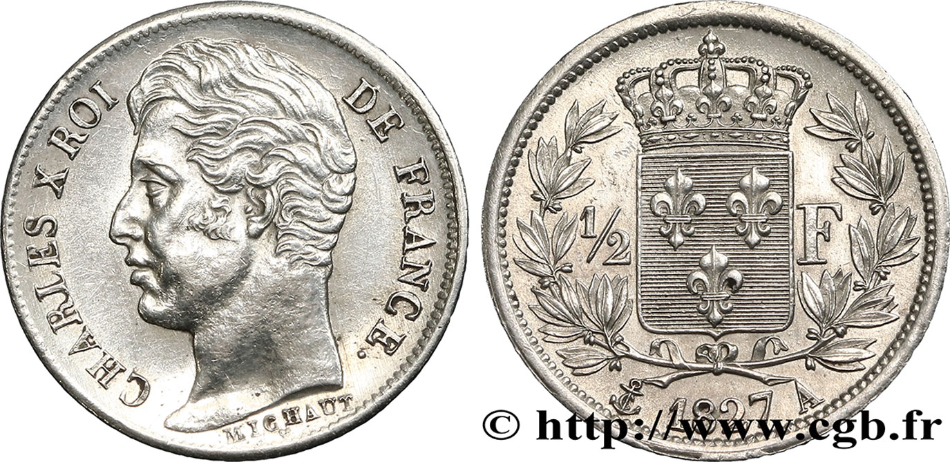 1/2 franc Charles X 1827 Paris F.180/13 MS60 
