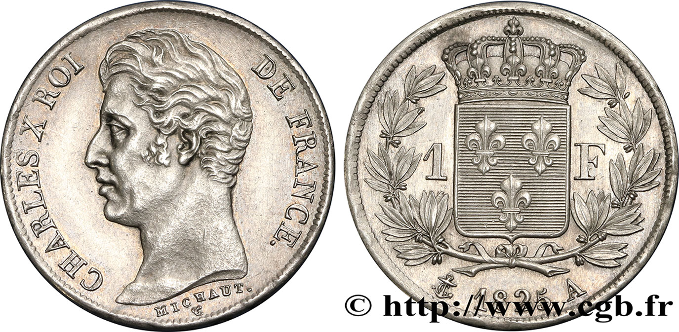 1 franc Charles X, matrice du revers à cinq feuilles 1825 Paris F.207/1 EBC58 