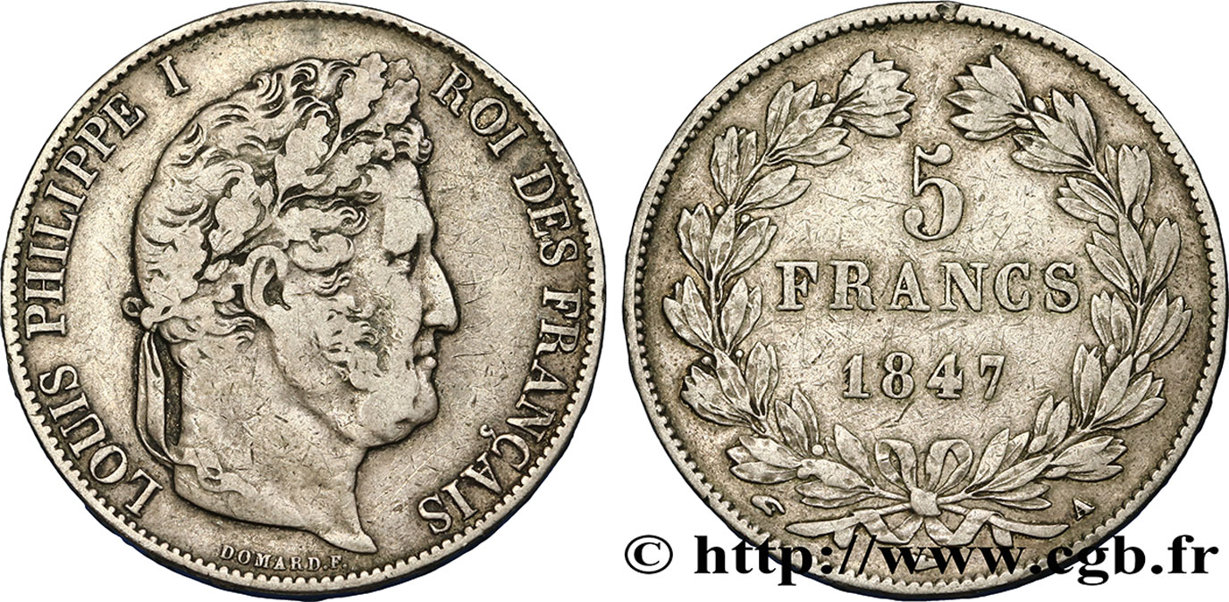  5 francs IIIe type Domard 1847 Paris F.325/14 var. TB30 